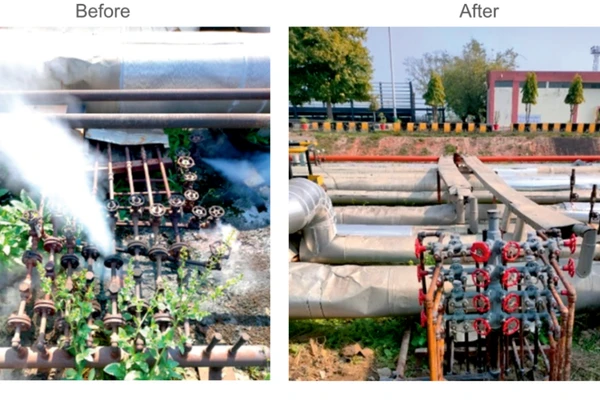 Illustration of a plant showing a conventional fabricated condensate manifold for tracing network vs forged condensate manifold for tracing networks