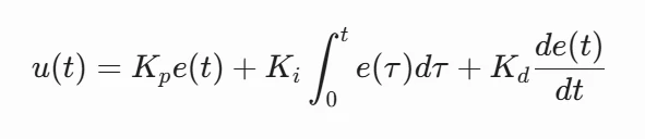 PID controller formula equation: u(t) = Kp e(t) + Ki integral e(tau) dtau + Kd de(t)/dt
