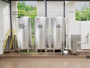 Photo of a typical Clean in place system with tanks labeled hot water tank, acid tank, lye tank