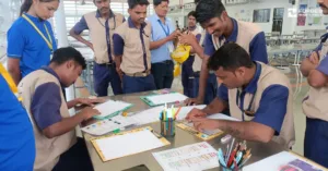 Team members in workshop uniforms work together at a table, completing activity sheets with coloured pens during Beyond Business Week.