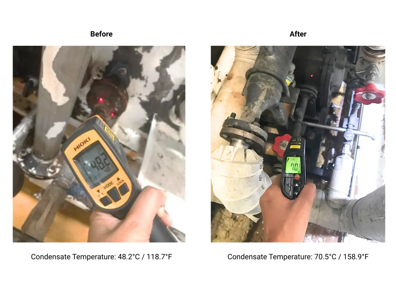 before and after images of a beverage manufacturing plant showing difference in temperature in the recovered condensate from a bottle washer