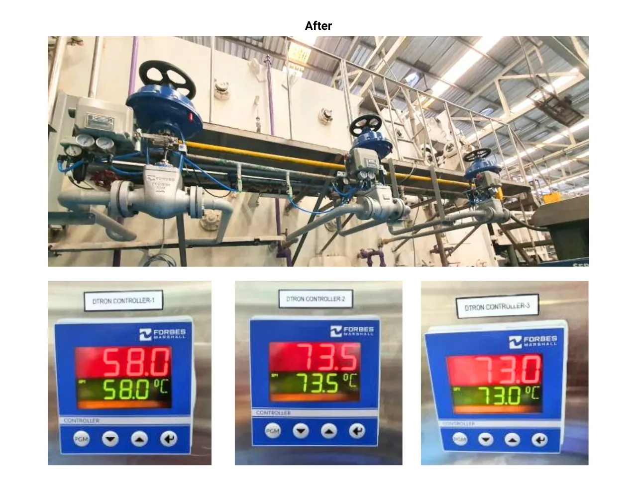 an image showing exterior of a bottle washer machine in thailand with forbes marshall steam control valves inside a beverage plant and 3 dtron model controllers displaying temperature of the steam inside each of the 3 control valves