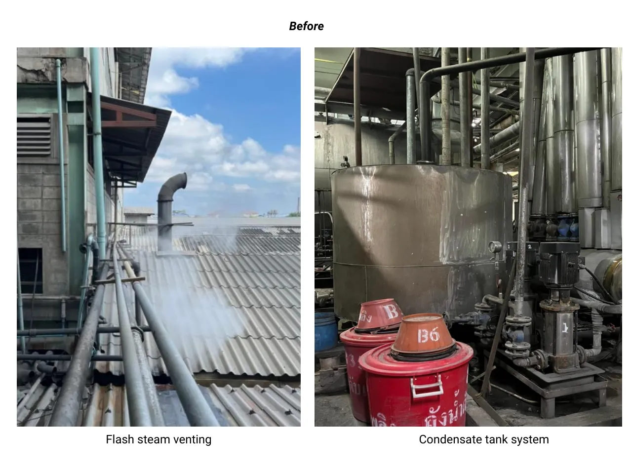 an image showing a before scenario of flash steam venting on the left side of the picture and condensate collection tanks on the right side at a noodle plant in thailand
