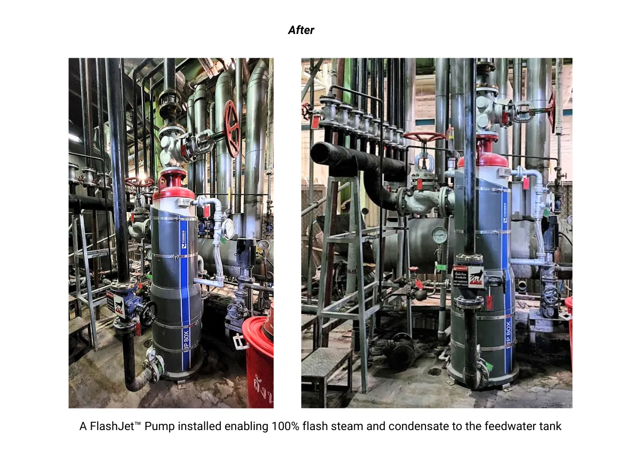 An image showing an after scenario post installation of the Forbes Marshall FlashJet Condensate Pump inside a noodle manufacturing plant in Thailand. The pump is connected to condensate pipes supplying condensate to the pump.