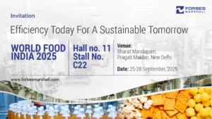 Forbes Marshall invitation banner for World Food India 2025, Hall 11, Stall C22, New Delhi, 25–28 September 2025, with food processing imagery in the background.