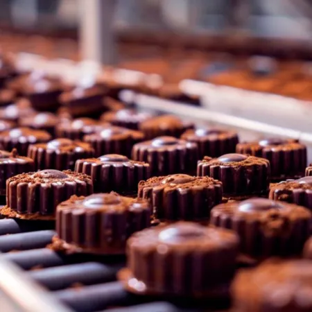 a case study thumbnail image for a confectionary case study with image of chocolate cakes on a conveyor