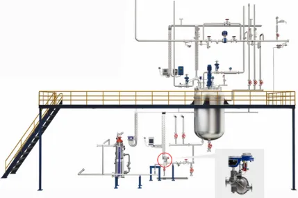 3d image of a batch or multi-purpose reactor installed with a multi utility process steam trap installed to manage contaminated and uncontaminated condensate