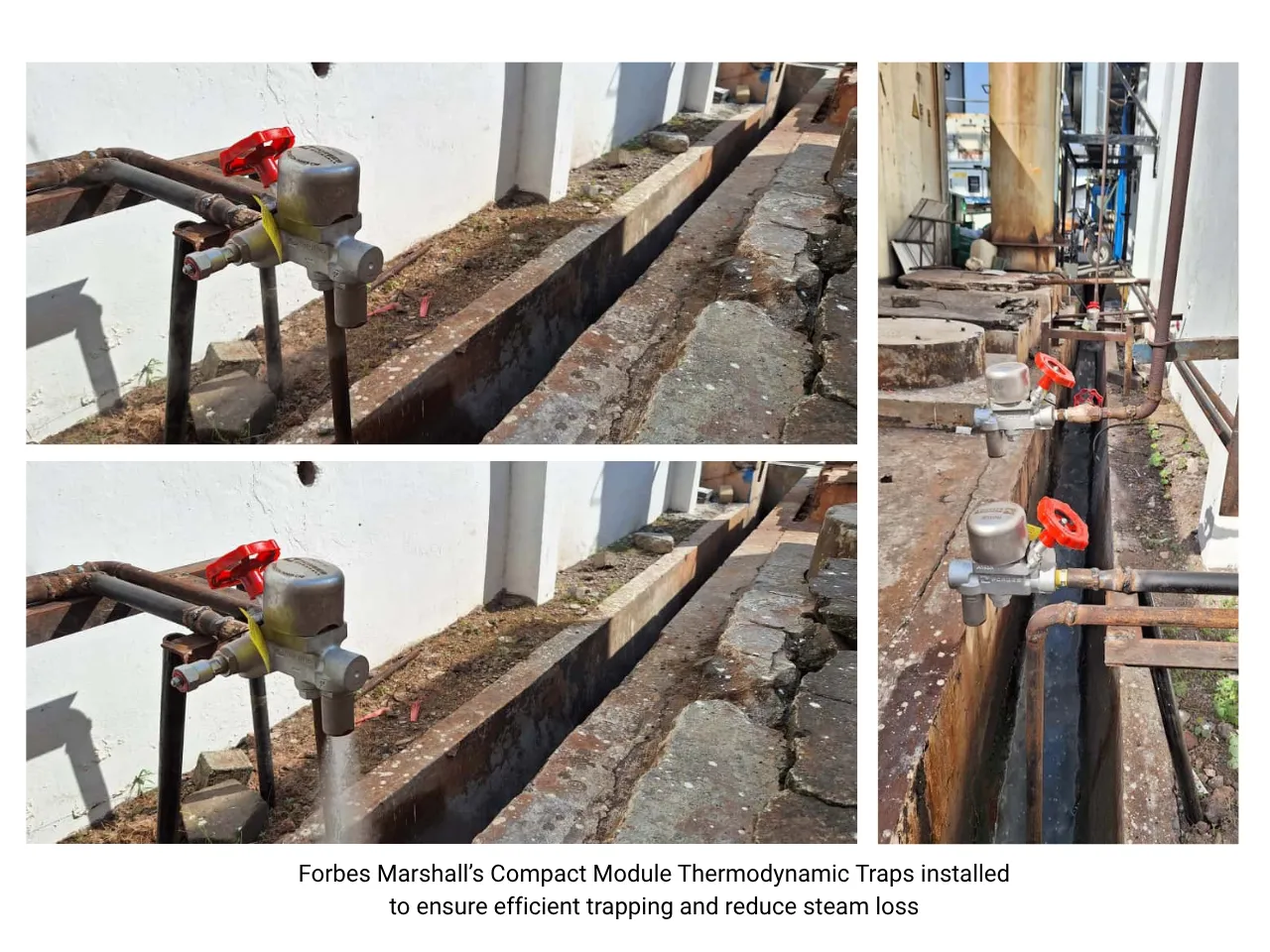 Forbes Marshall compact module thermodynamic steam trap installed on a steam distribution line at a food factory in Indonesia